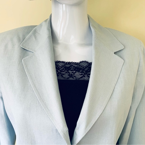 Light blue 100% linen long blazer double collar 4 front buttons 2 pockets US 10 - Picture 3 of 16